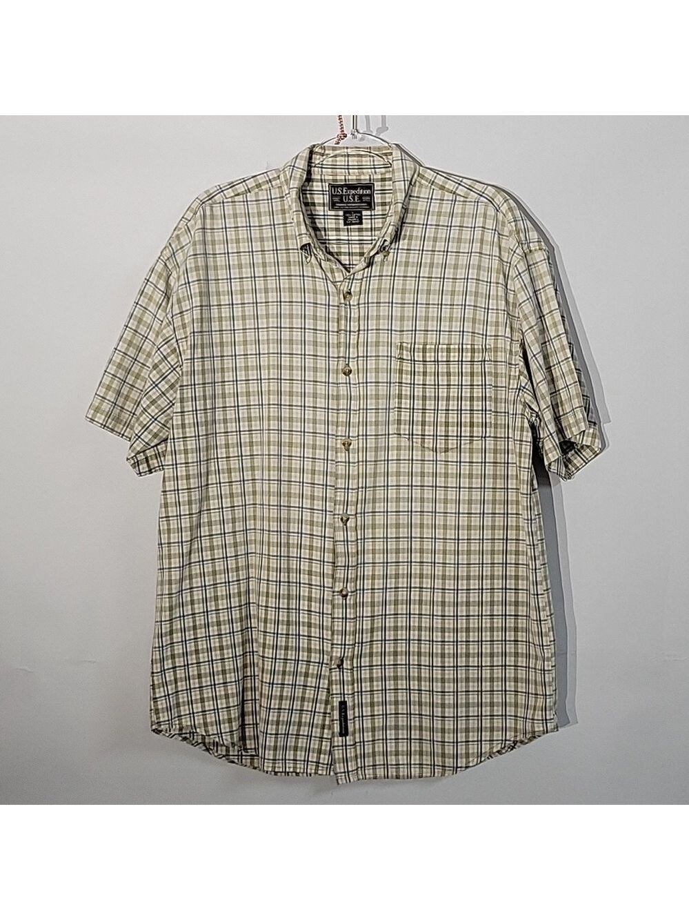 Men's U.S. Expedition Tan/Blue Plaid Button-Down, Short-Sleeved Shirt, Size Lg